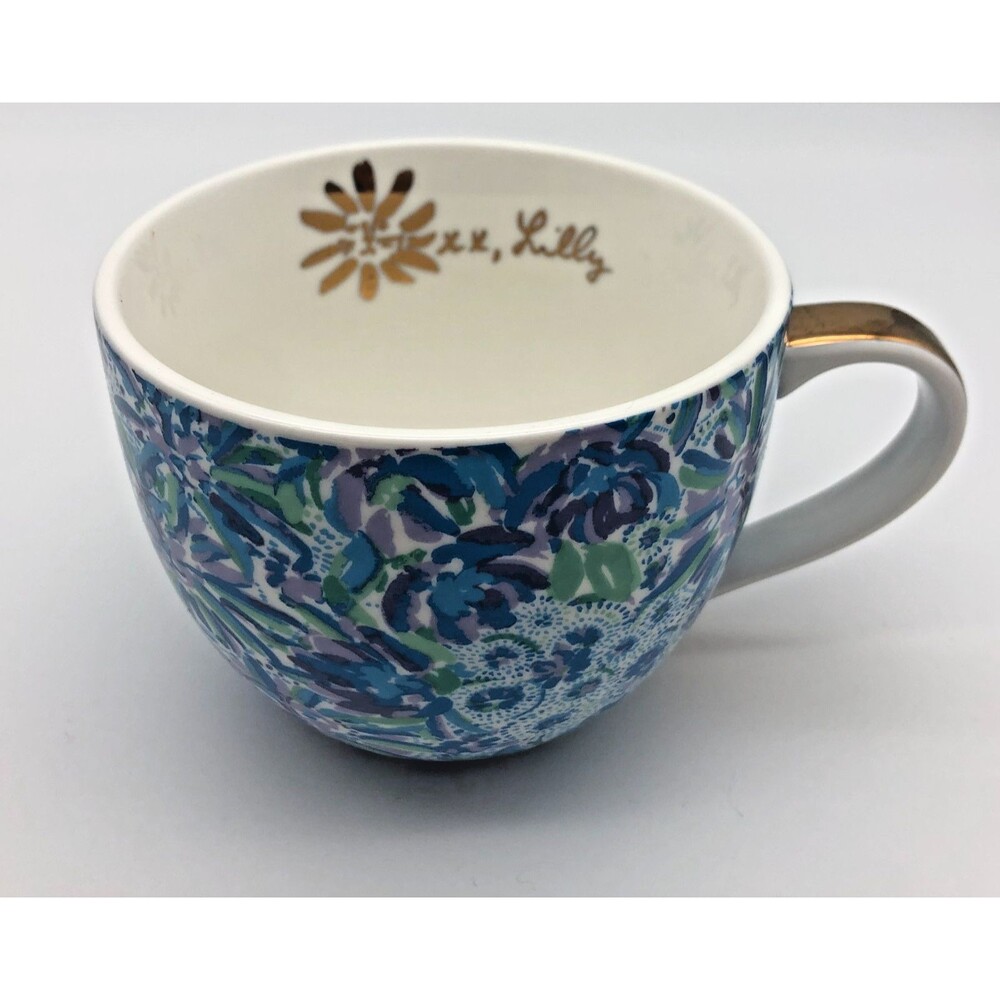 Lilly Pulitzer Coffee Mug Tea Cup Blue Green Floral with Gold Trim 12 oz